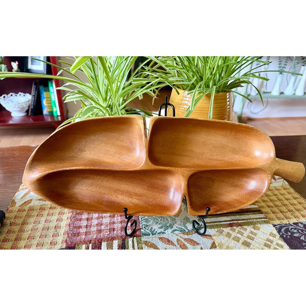 Vintage Woods of Hawaii Monkeypod Wood Leaf Tray Divided Dish Honolulu MCM Tiki